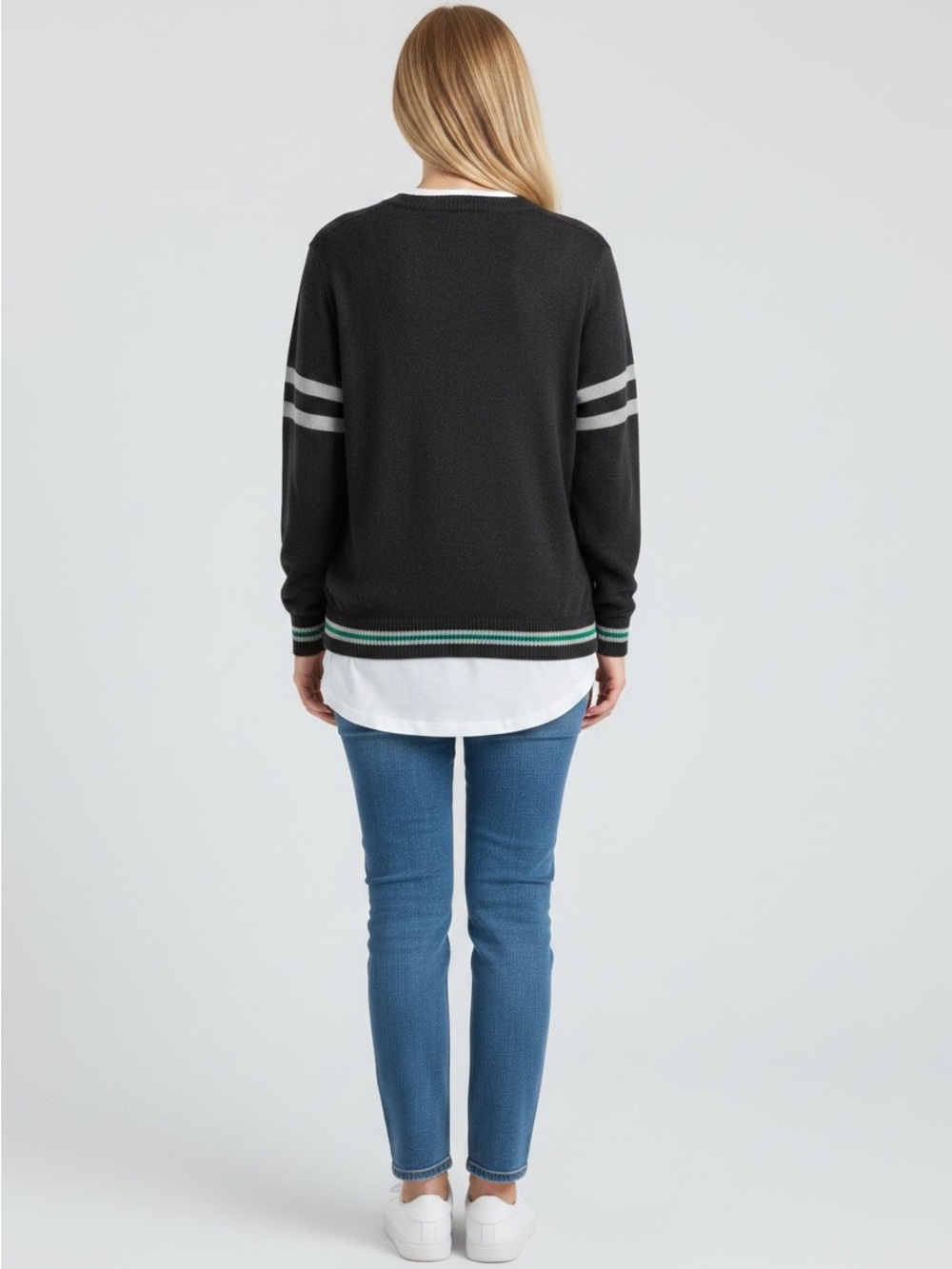 Black Button-Front Cardigan with Green Crest Detail - Women's - Picture 3 of 7